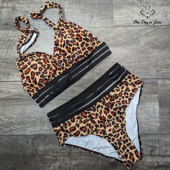 Jodimitty Leopard Print Mesh Accent Bikini Swimsuit Size L - Picture 1 of 3